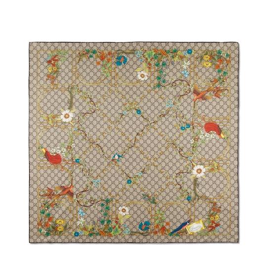 Animal and floral print silk carré in brown and multicolor by GUCCI
