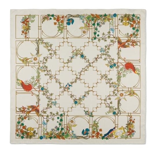 Animal and floral print silk carré in ivory and multicolor by GUCCI