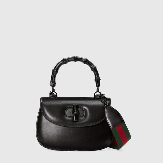 Bamboo medium top handle bag in black leather by GUCCI