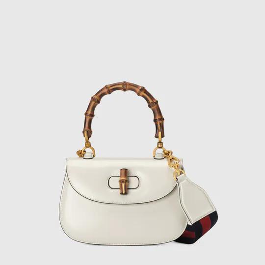 Bamboo small top handle bag in white leather by GUCCI