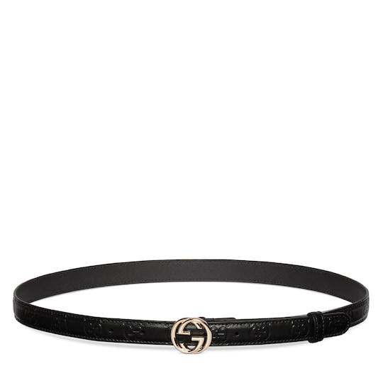 Belt with Interlocking G buckle in black GG leather by GUCCI