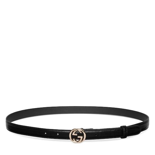 Belt with Interlocking G buckle in black leather by GUCCI