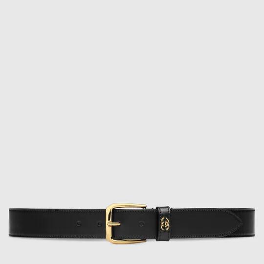 Belt with square buckle and Interlocking G in black leather by GUCCI