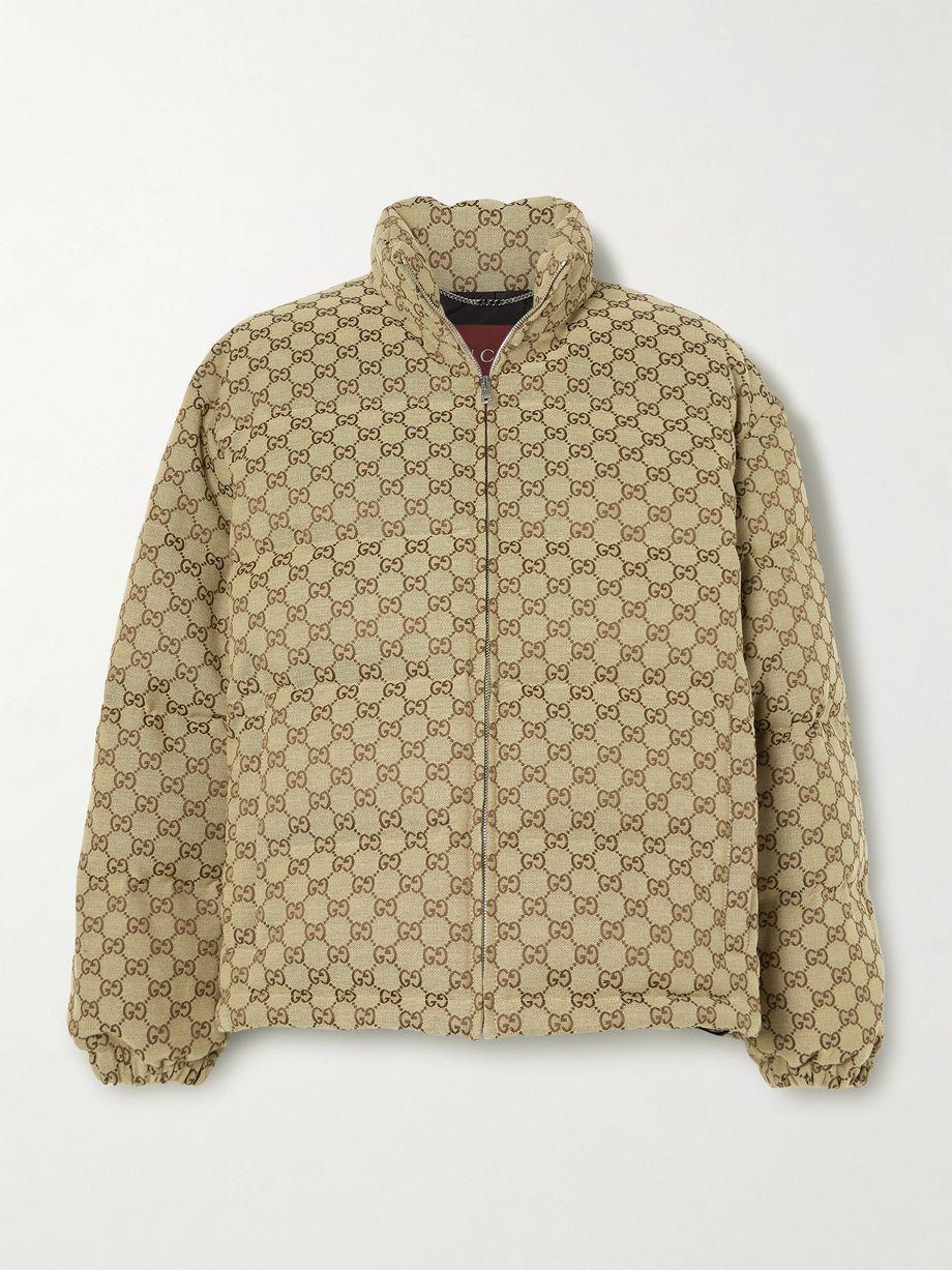 Belted leather-trimmed cotton-blend canvas down jacket by GUCCI