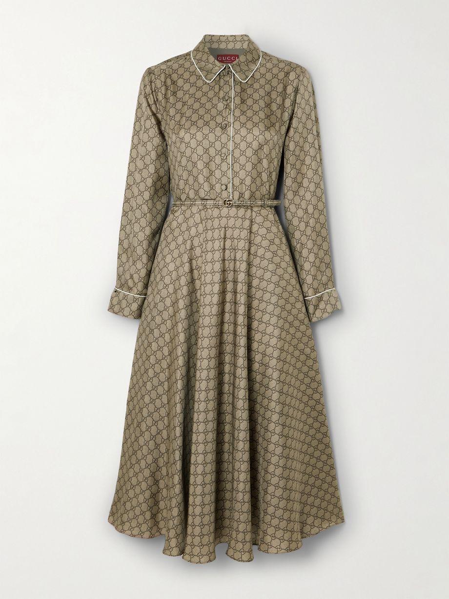Belted piped printed silk-twill midi shirt dress by GUCCI