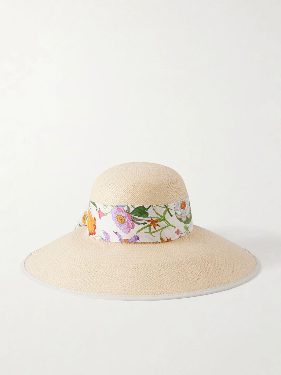 Beverlie floral-print silk and leather-trimmed straw hat by GUCCI