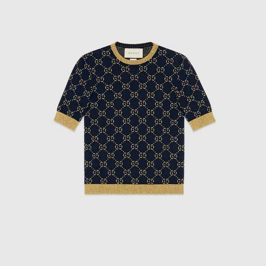 Blue / Gold Cotton Lamé GG Top by GUCCI
