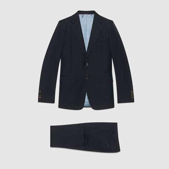 Blue Straight fit bee wool gabardine suit by GUCCI