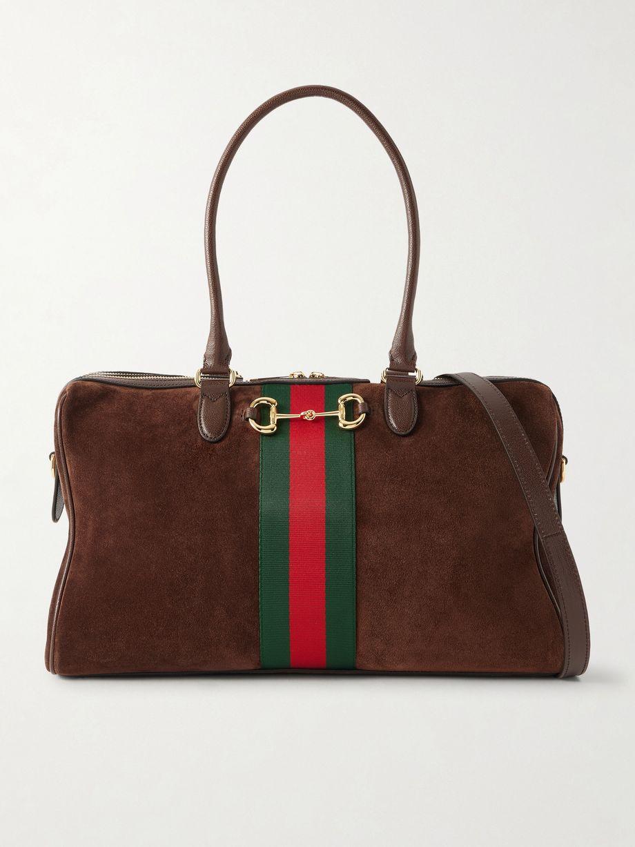 Borsetto medium embellished leather and webbing-trimmed suede shoulder bag by GUCCI