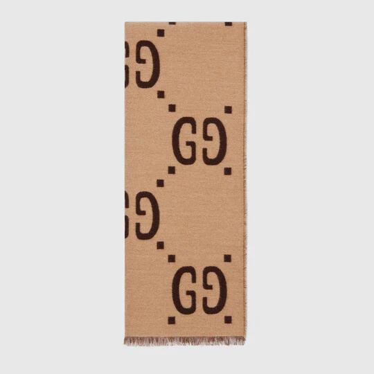 Brown / Beige GG Jacquard Wool Silk Scarf by GUCCI