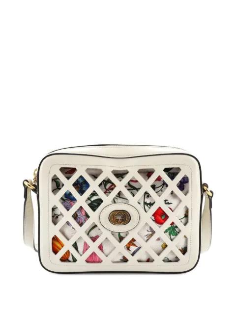 Camera Cutout Leather with Flora Canvas Small crossbody bag by GUCCI Camera Cutout Leather with Flora Canvas Small crossbody bag by GUCCI