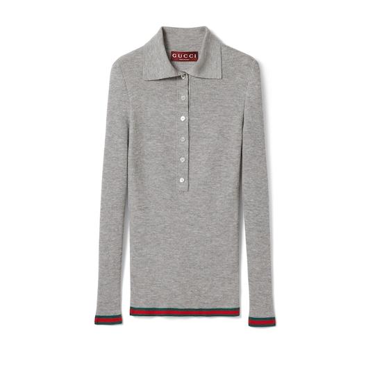 Cashmere and silk polo top with Web in grey by GUCCI