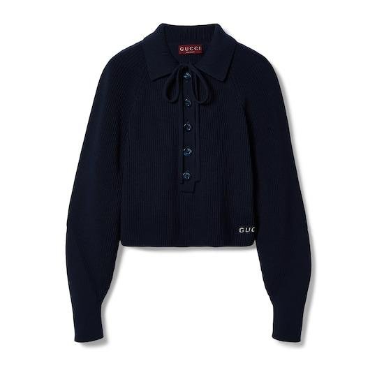 Chunky rib cotton polo top in dark blue by GUCCI