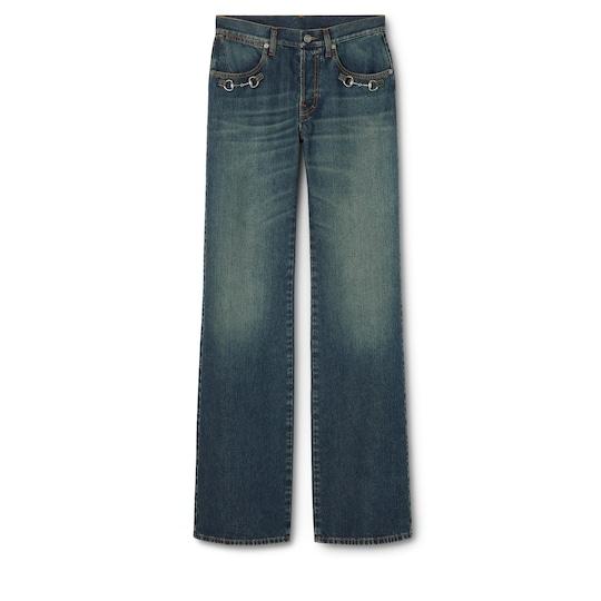Cotton denim pants with Horsebit by GUCCI