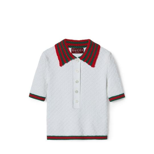 Cotton lace polo T-shirt in white by GUCCI