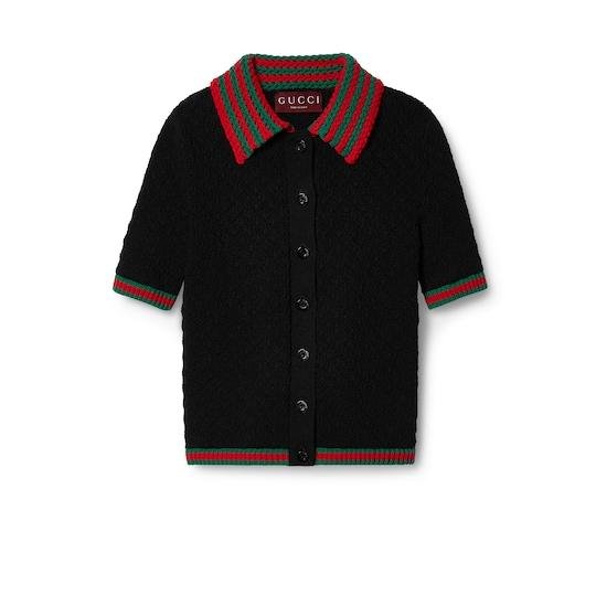 Cotton lace polo with Web in black by GUCCI