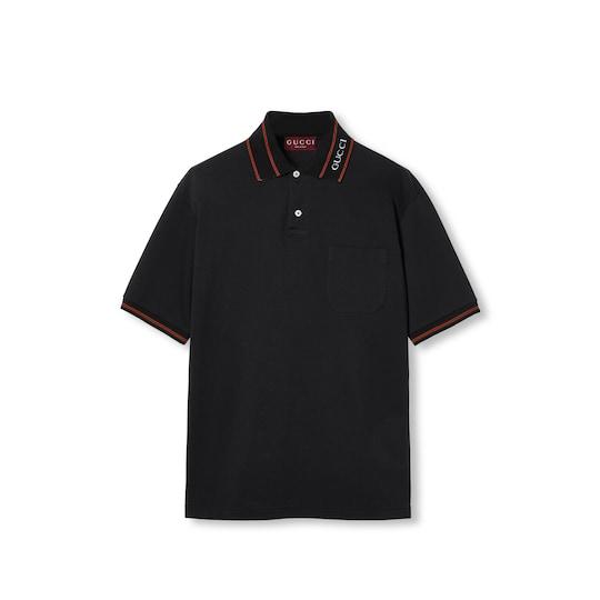 Cotton piquet polo shirt with Web in black by GUCCI