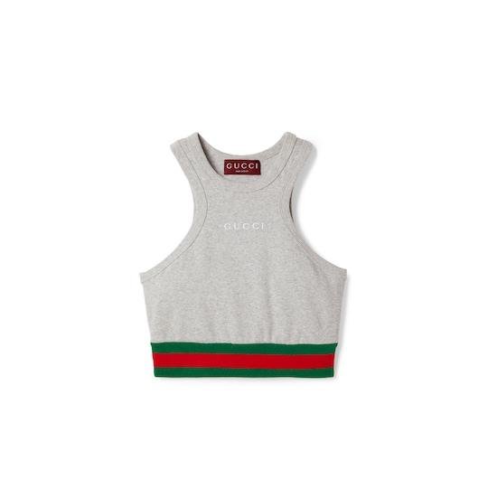 Cotton rib tank top with Web in grey by GUCCI