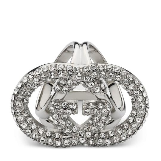Crystal Interlocking G carré ring by GUCCI