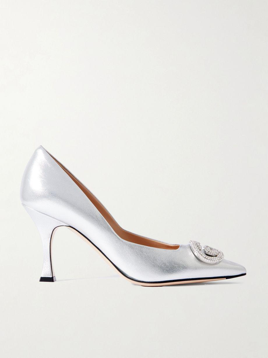 Crystal-embellished metallic leather pumps by GUCCI