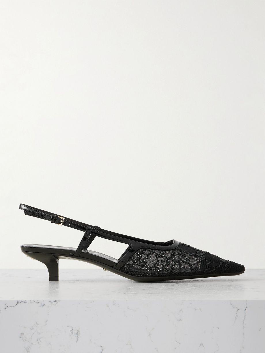 Demi patent leather-trimmed crystal-embellished mesh slingback pumps by GUCCI