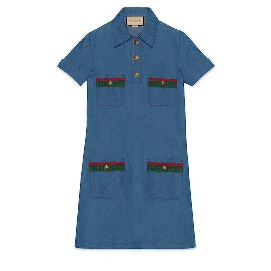 Denim dress with Web detail in blue by GUCCI