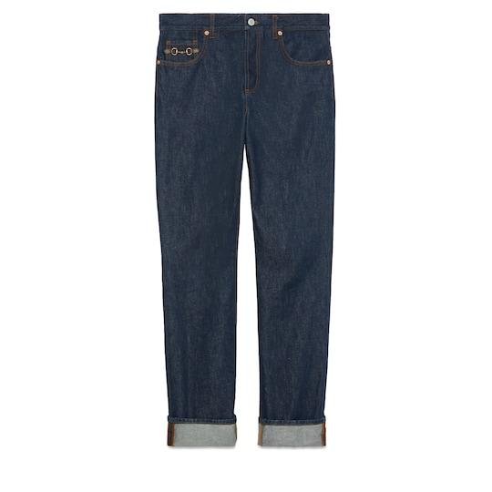 Denim pant with Horsebit in dark blue by GUCCI