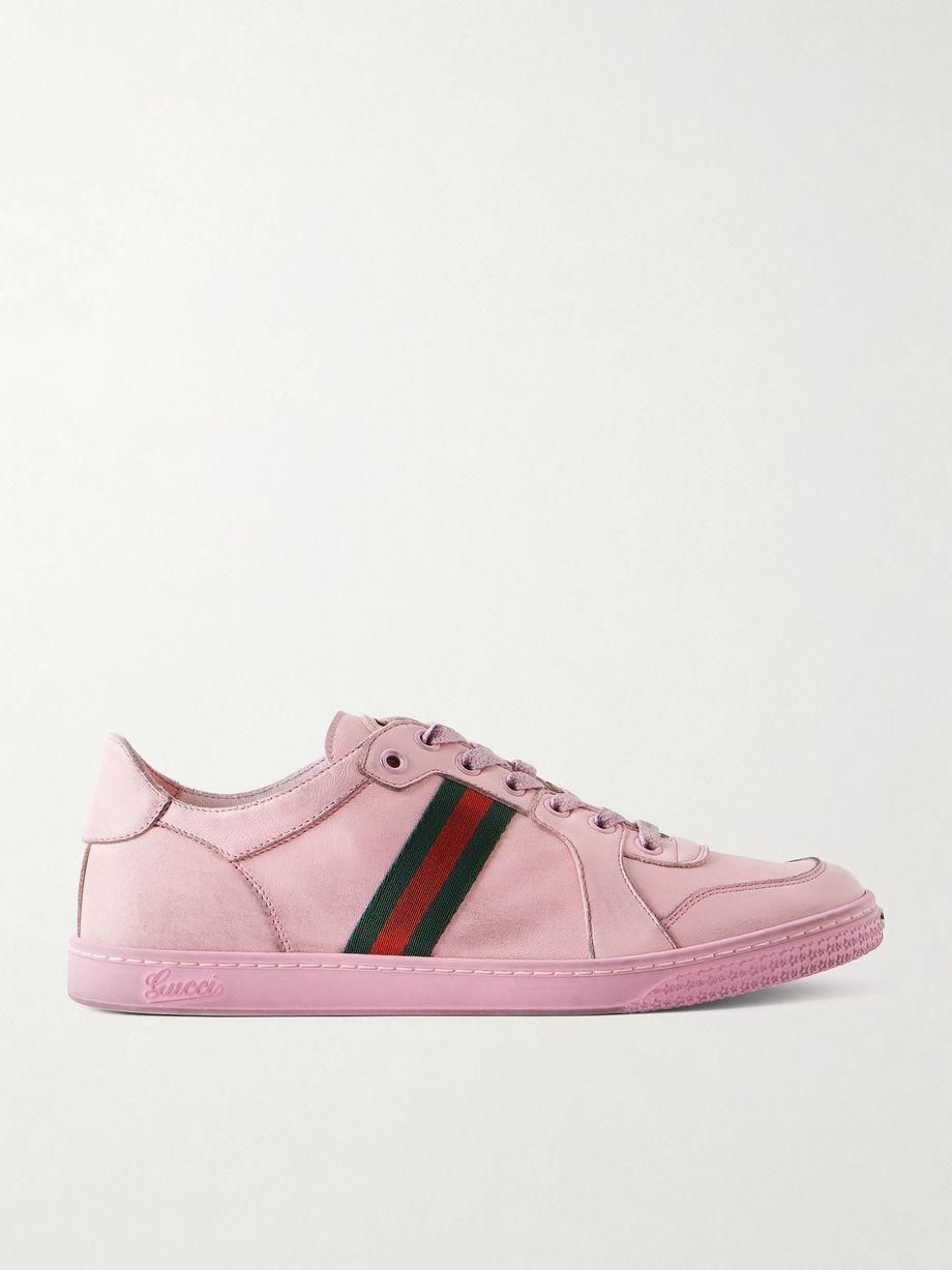 Distressed webbing-trimmed leather sneakers by GUCCI