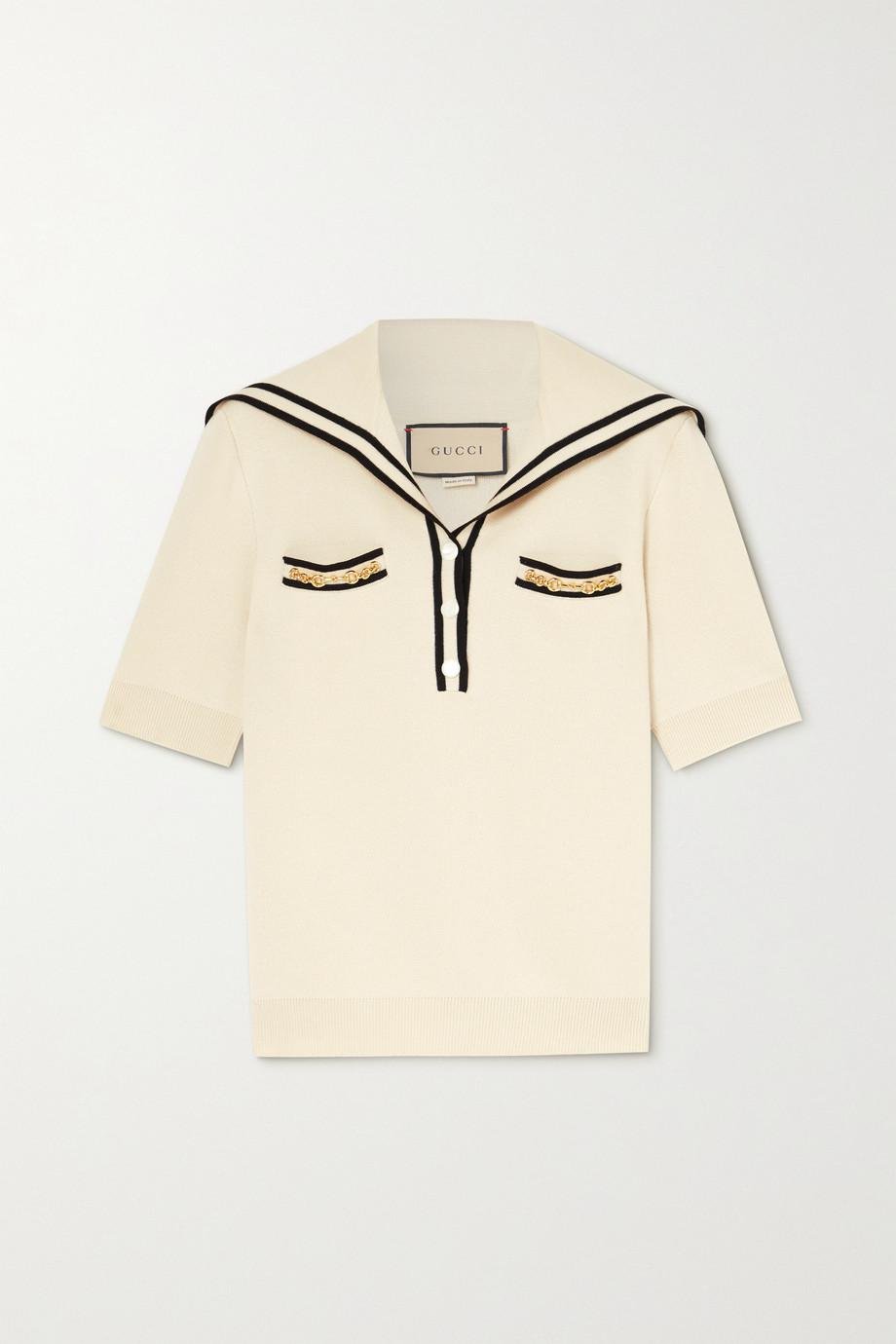 Embellished striped wool-piqué polo shirt by GUCCI