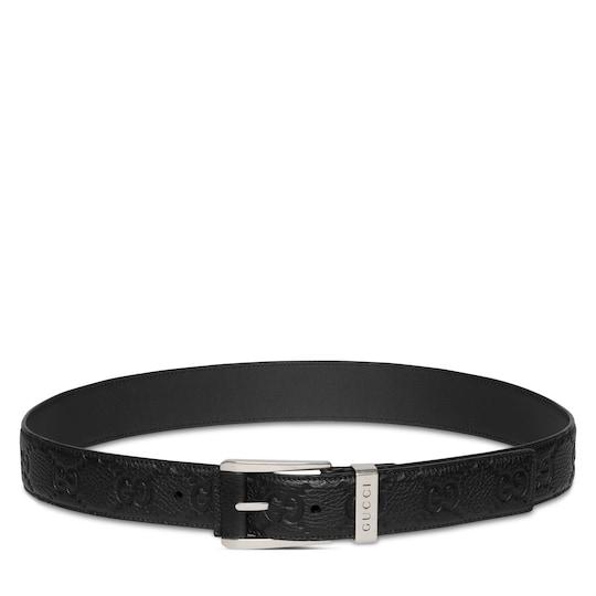 Embossed GG belt with squared buckle in black by GUCCI