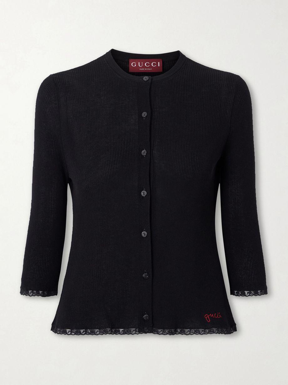 Embroidered lace-trimmed ribbed-knit cotton cardigan by GUCCI