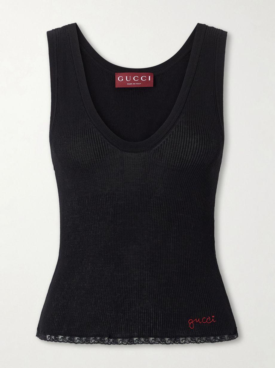 Embroidered lace-trimmed ribbed-knit cotton tank top by GUCCI