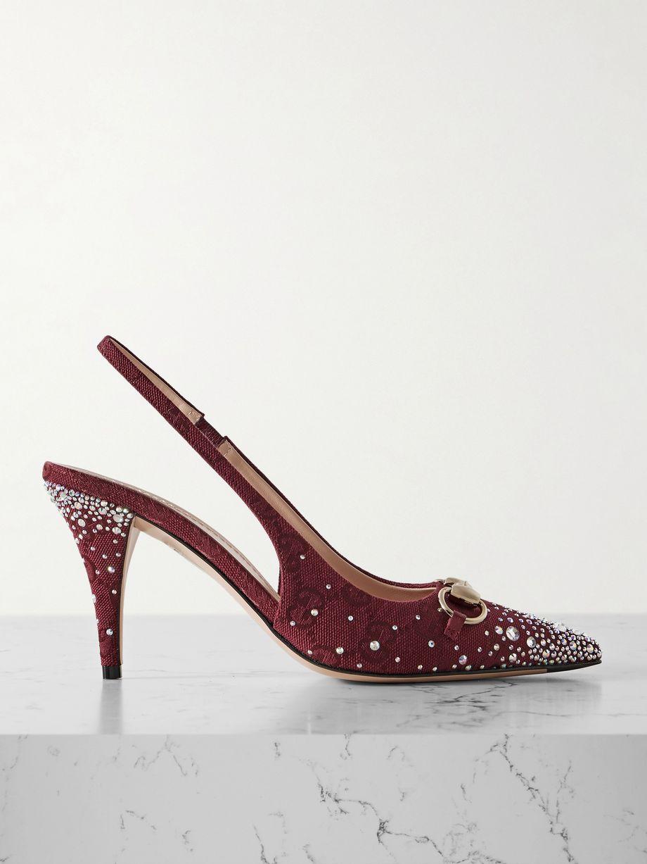 Erin crystal-embellished horsebit-detailed canvas-jacquard slingback pumps by GUCCI