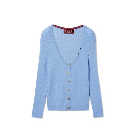 Extra fine rib wool and silk cardigan in pale blue by GUCCI