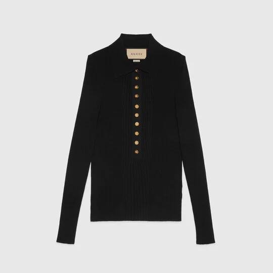 Extra fine viscose polo knit in black by GUCCI