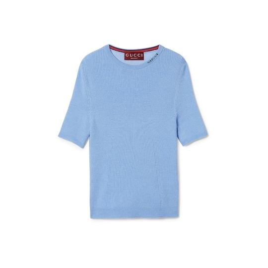 Extra fine wool and silk rib top in pale blue by GUCCI