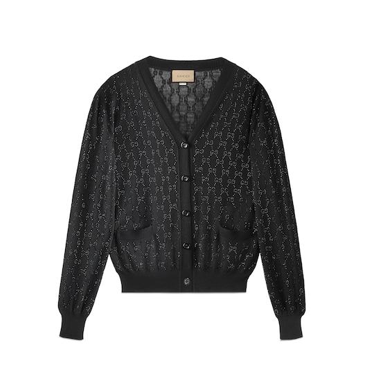 Fine wool GG crystal cardigan in black by GUCCI