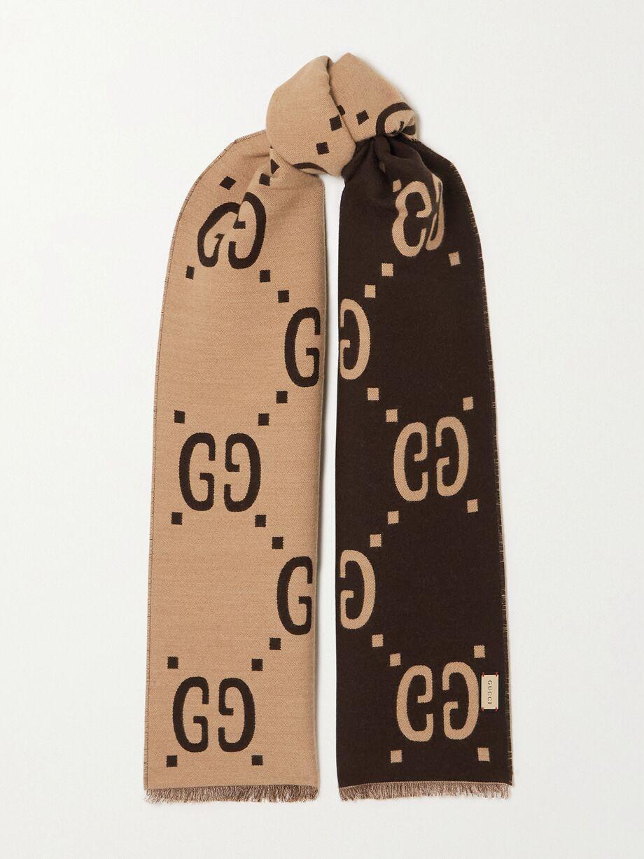 Fringed wool and silk-blend jacquard scarf by GUCCI