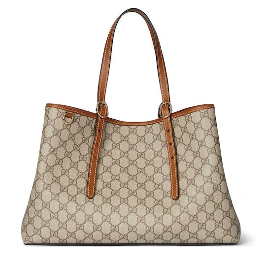 GG Emblem medium tote bag in beige and dark brown canvas by GUCCI