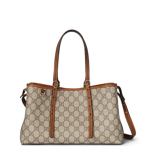 GG Emblem small tote bag in beige and dark brown canvas by GUCCI