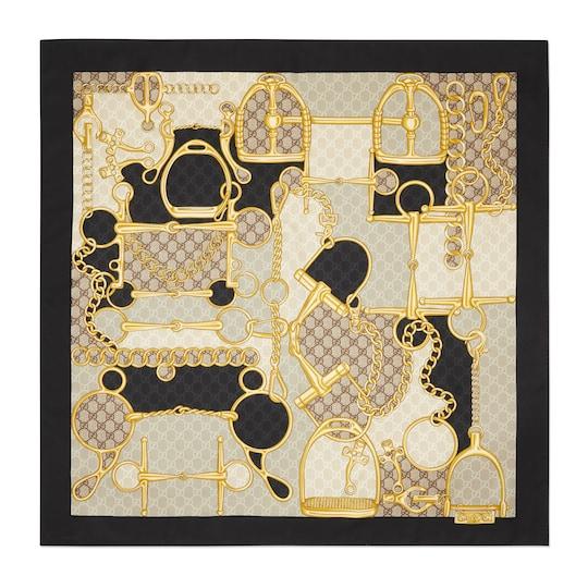 GG Horsebit silk scarf in black and beige by GUCCI