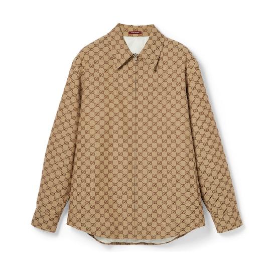 GG canvas overshirt in camel and dark brown by GUCCI