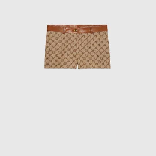 GG canvas shorts with leather trim in beige and ebony by GUCCI