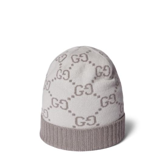 GG cashmere jacquard hat in ivory and light grey by GUCCI