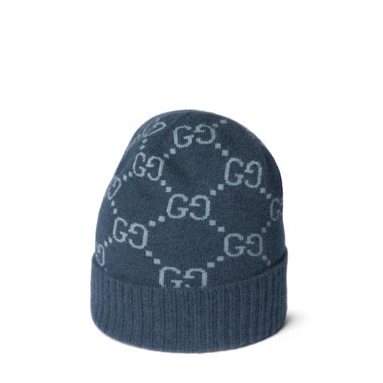 GG cashmere jacquard hat in navy and light blue by GUCCI