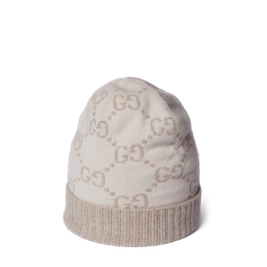 GG cashmere jacquard hat in off white and beige by GUCCI