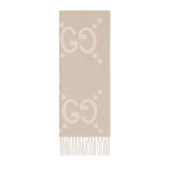 GG cashmere lamé jacquard scarf in camel and white by GUCCI
