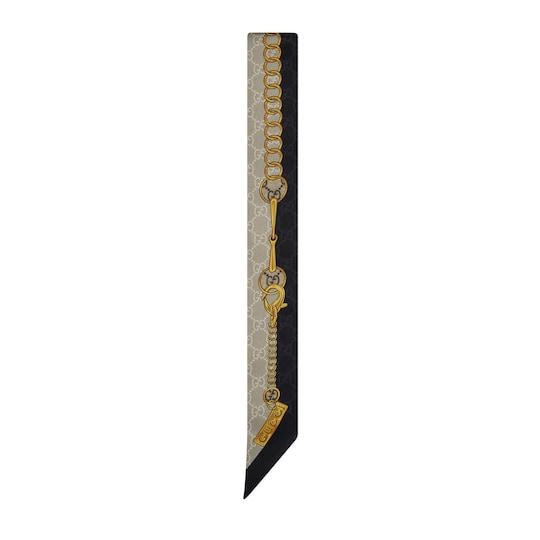 GG chain Horsebit print silk neckbow in black and beige by GUCCI