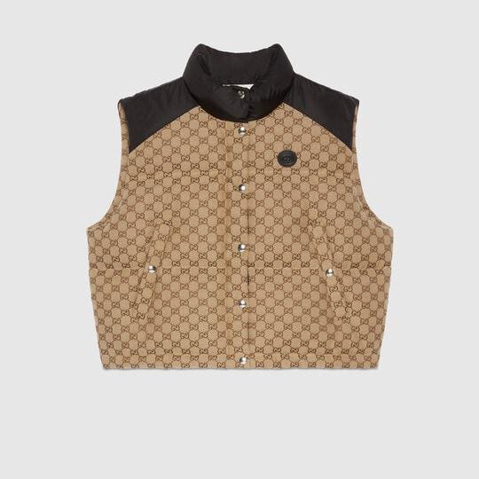 GG cotton canvas puffer vest  in camel and brown by GUCCI