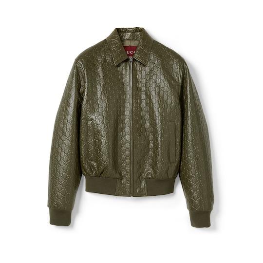 GG embossed leather bomber jacket in dark green by GUCCI